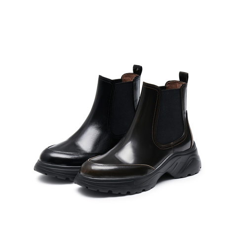 真美诗2024冬季新款光泽牛皮经典运动风厚底切尔西靴女YYM21DD4