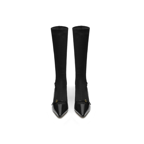 真美诗2024冬季新款光泽牛皮拼布复古桃心扣袜靴女Y2832DG4