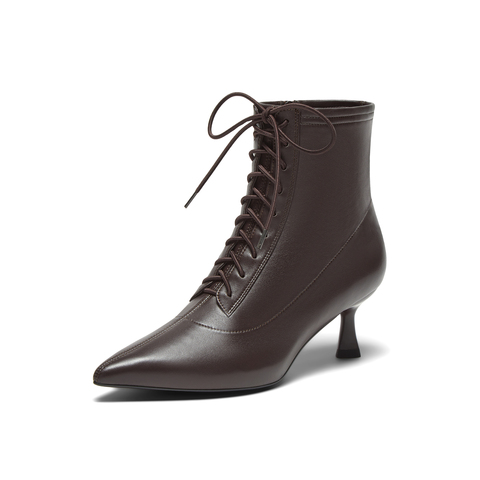 真美诗2024冬季新款细腻羊皮优雅尖头高跟绑带时装靴女YVA46DD4