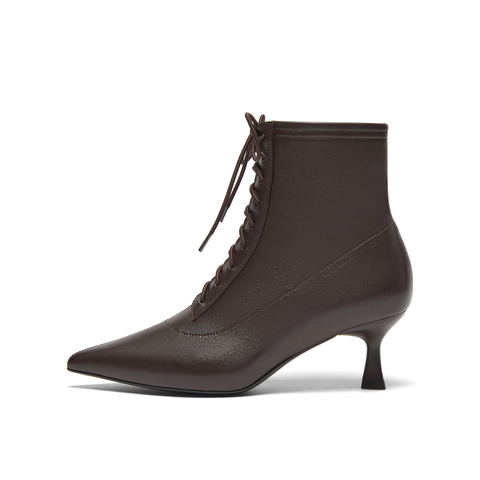 真美诗2024冬季新款细腻羊皮优雅尖头高跟绑带时装靴女YVA46DD4