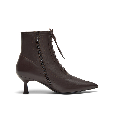 真美诗2024冬季新款细腻羊皮优雅尖头高跟绑带时装靴女YVA46DD4