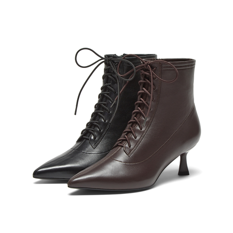 真美诗2024冬季新款细腻羊皮优雅尖头高跟绑带时装靴女YVA46DD4