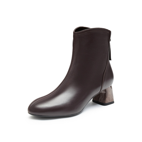 真美诗2024冬季新款软糯羊皮优雅舒适圆头粗跟时装靴女YZU21DD4