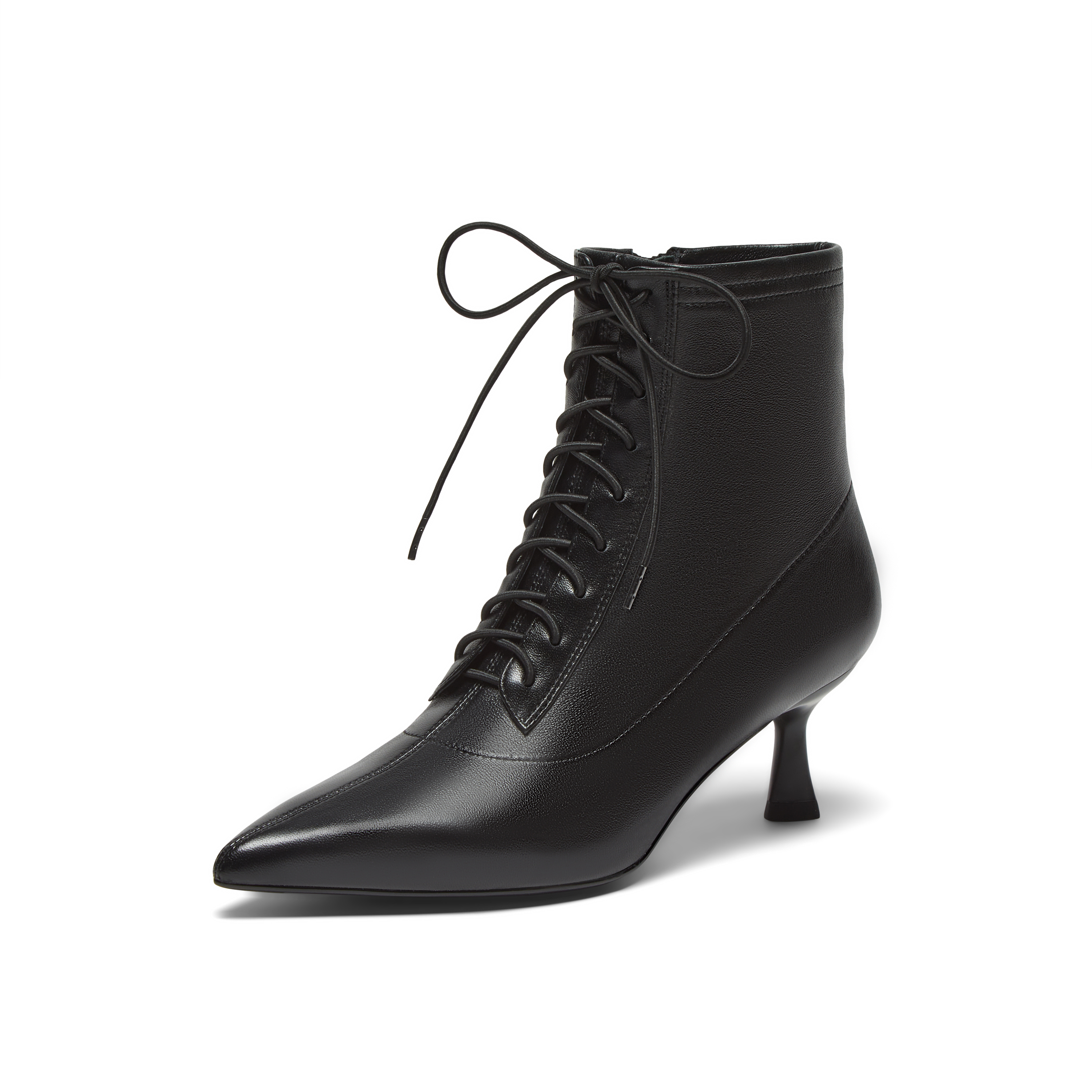 真美诗2024冬季新款细腻羊皮优雅尖头高跟绑带时装靴女YVA46DD4