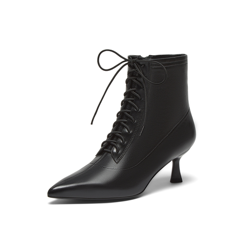 真美诗2024冬季新款细腻羊皮优雅尖头高跟绑带时装靴女YVA46DD4