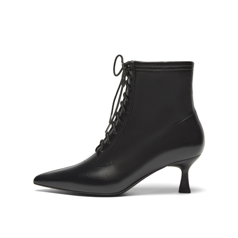 真美诗2024冬季新款细腻羊皮优雅尖头高跟绑带时装靴女YVA46DD4