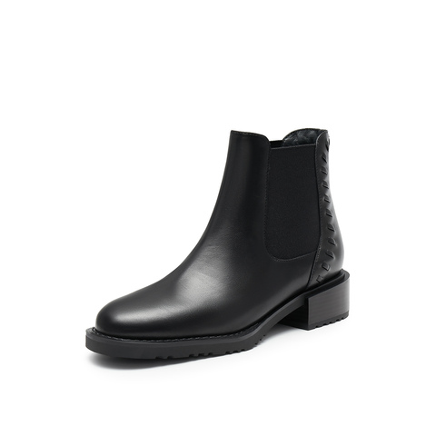 真美诗2024冬季新款光泽牛皮舒适粗跟经典切尔西靴女YUJ48DD4