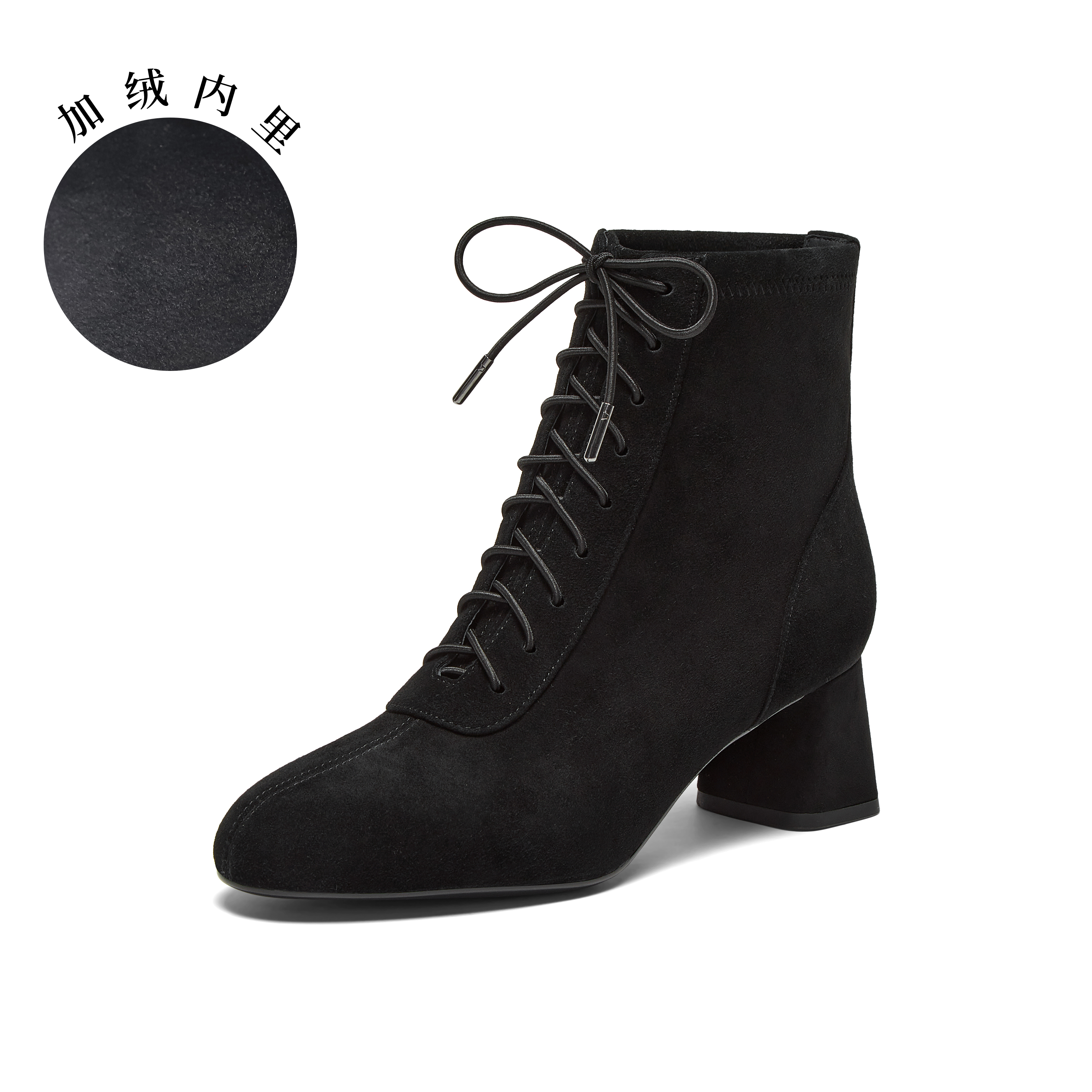 真美诗2024冬季新款细腻羊绒绑带粗跟软糯小鹿靴女YZU04DD4