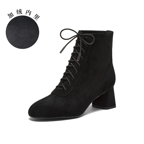 真美诗2024冬季新款细腻羊绒绑带粗跟软糯小鹿靴女YZU04DD4