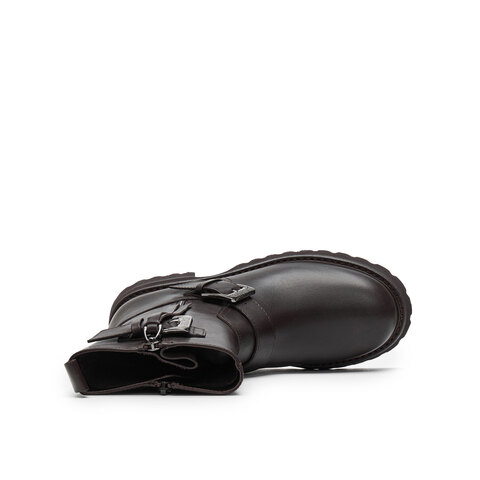 真美诗2024冬季新款光泽牛皮金属搭扣舒适粗跟机车靴女YZR02DZ4