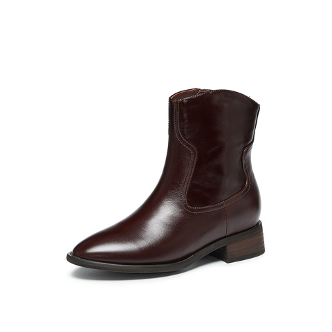 真美诗2024冬季新款光泽牛皮舒适粗跟帅气西部靴女91910DZ4