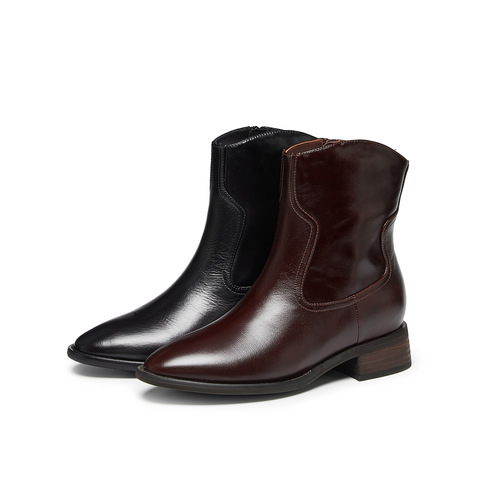 真美诗2024冬季新款光泽牛皮舒适粗跟帅气西部靴女91910DZ4