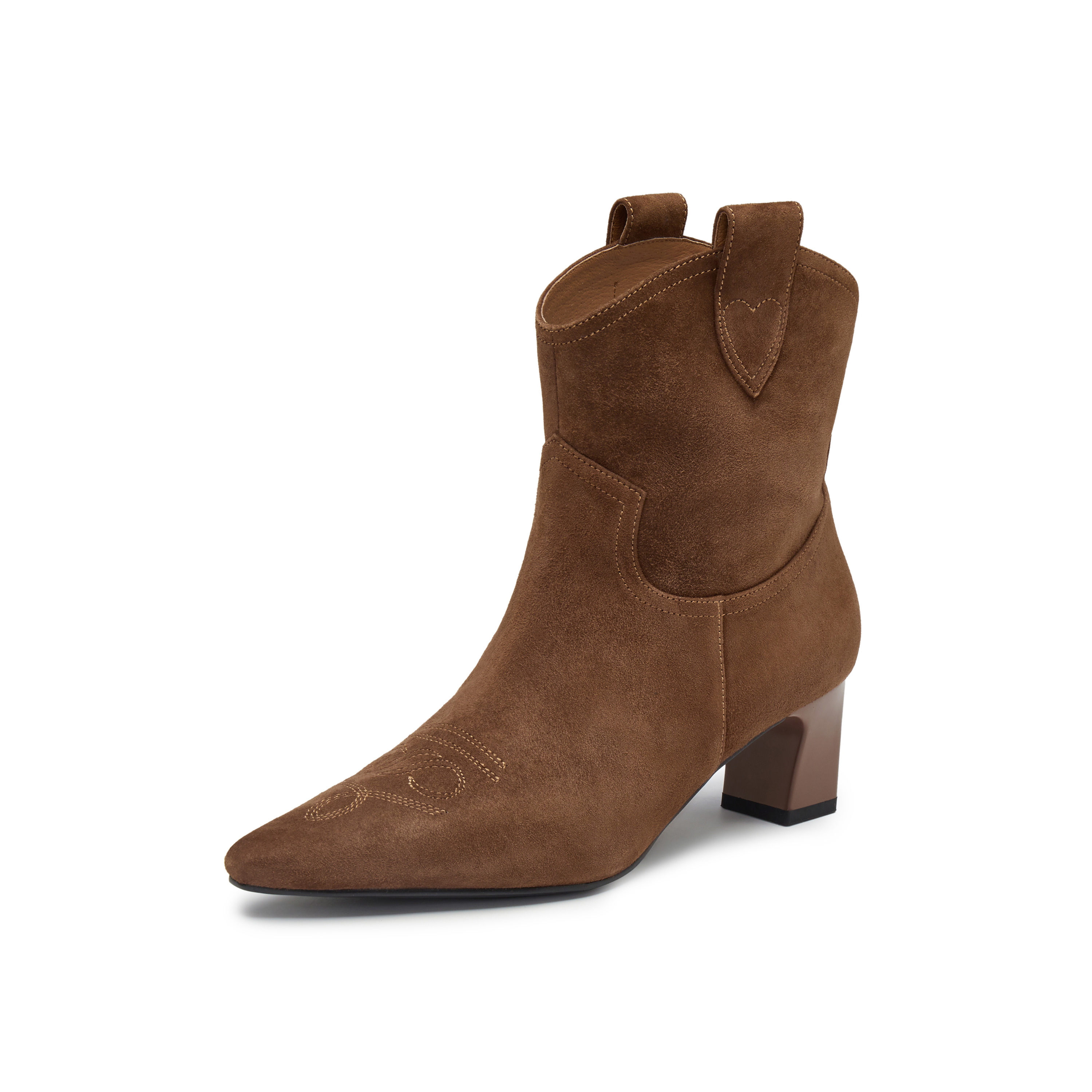 真美诗2024冬季新款复古羊绒尖头舒适粗跟经典西部靴女YZP07DD4