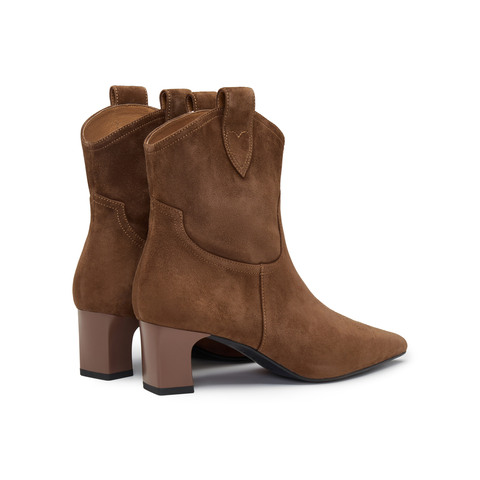 真美诗2024冬季新款复古羊绒尖头舒适粗跟经典西部靴女YZP07DD4