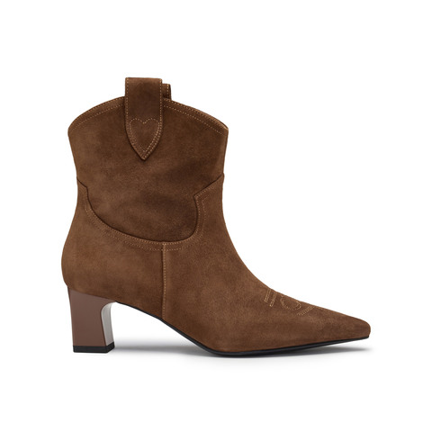 真美诗2024冬季新款复古羊绒尖头舒适粗跟经典西部靴女YZP07DD4