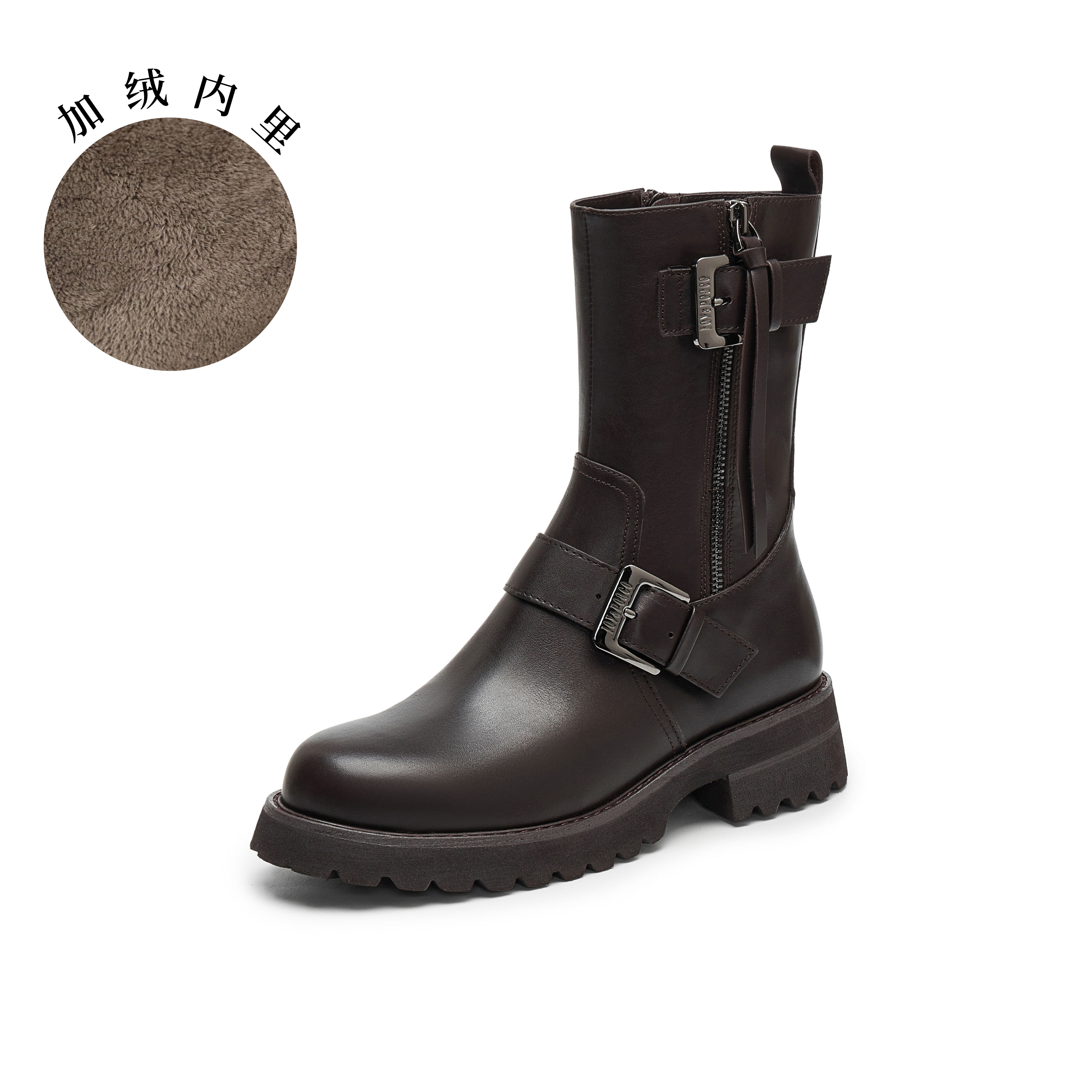 真美诗2024冬季新款光泽牛皮金属搭扣舒适粗跟机车靴女YZR02DZ4