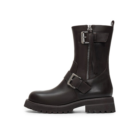 真美诗2024冬季新款光泽牛皮金属搭扣舒适粗跟机车靴女YZR02DZ4