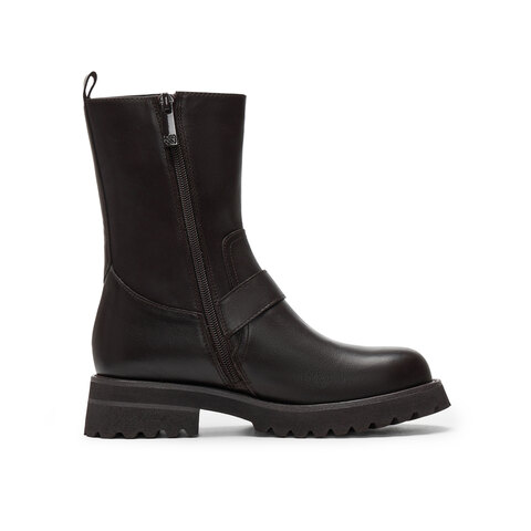 真美诗2024冬季新款光泽牛皮金属搭扣舒适粗跟机车靴女YZR02DZ4