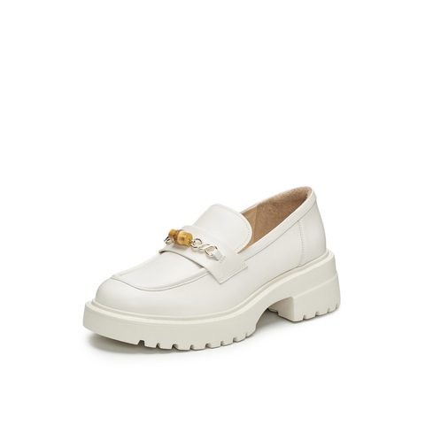 真美诗2024春季新款光泽牛皮竹节链饰舒适粗跟乐福鞋女YQB13AA5