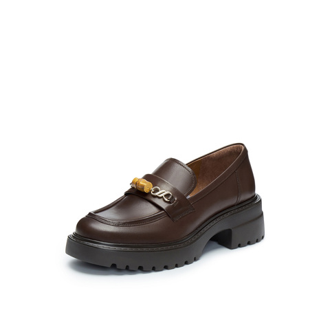 真美诗2025春季新款光泽牛皮竹节链饰舒适粗跟乐福鞋女YQB13AA5