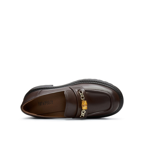 真美诗2025春季新款光泽牛皮竹节链饰舒适粗跟乐福鞋女YQB13AA5