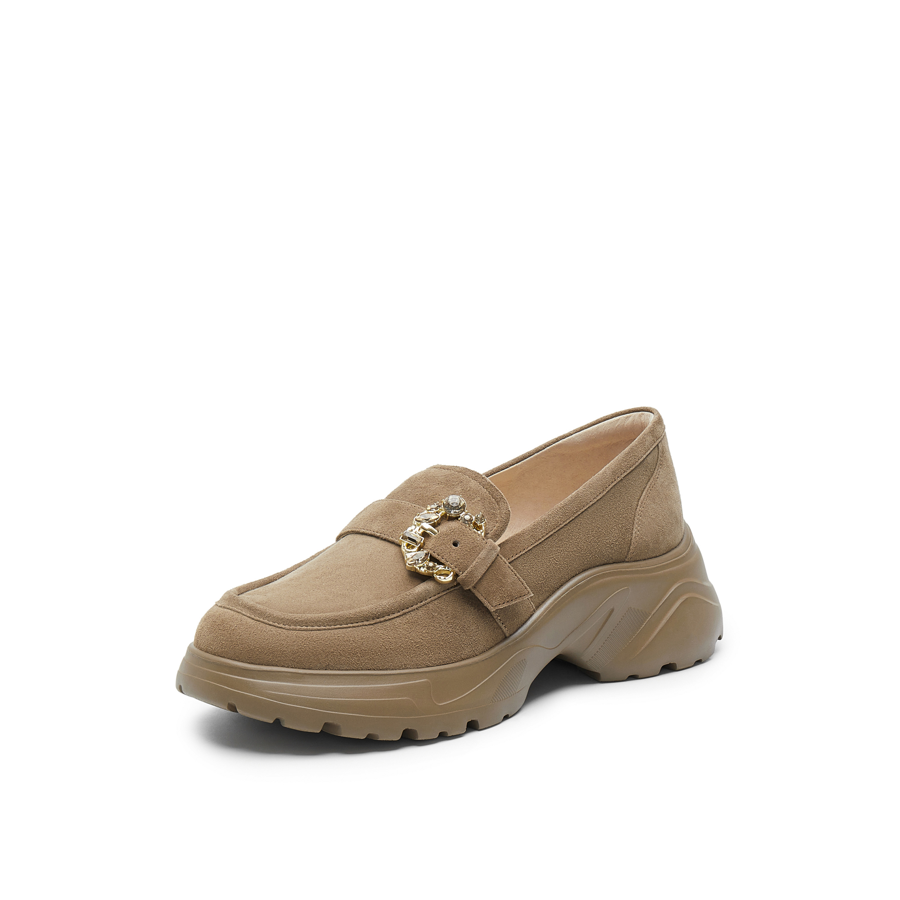 真美诗2025春季新款软糯羊绒钻扣圆头厚底乐福鞋女YYM35AA5