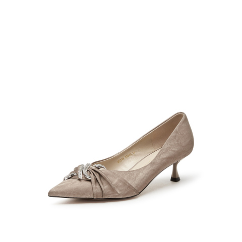 真美诗2025春季新款丝绸牛皮蛇形钻扣尖头高跟鞋女35016AQ5