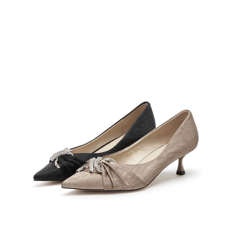 真美诗2025春季新款丝绸牛皮蛇形钻扣尖头高跟鞋女35016AQ5