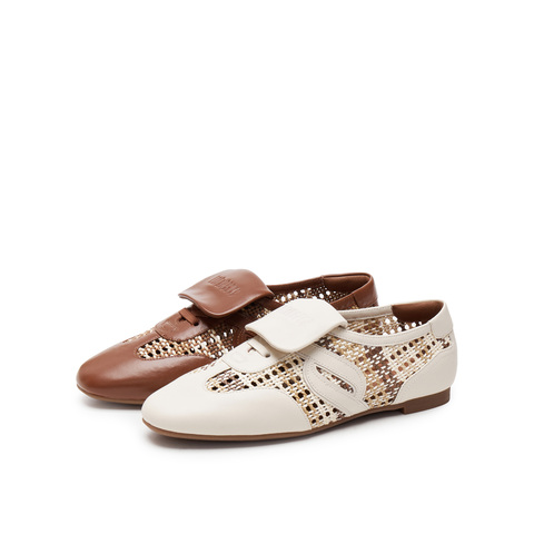 真美诗2025春季新款圆头优雅棉麻草编拼接翻盖德训鞋女ZB291AA5