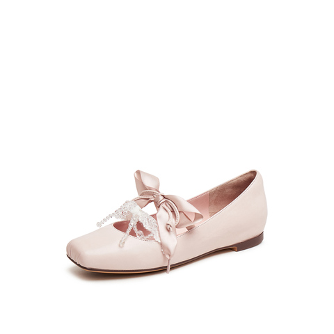 真美诗2025年春季新款甜美串珠蝴蝶结羊皮革芭蕾舞鞋女86668AQ5