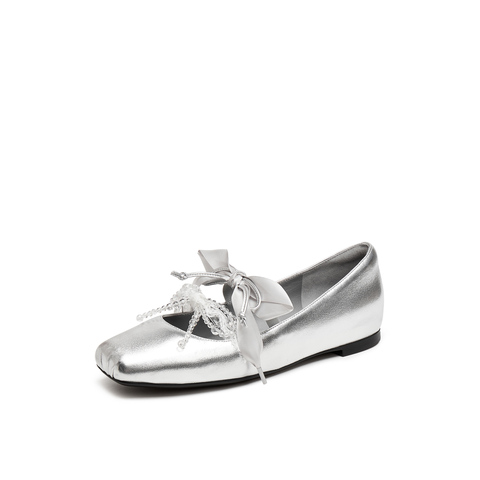 真美诗2025年春季新款甜美串珠蝴蝶结羊皮革芭蕾舞鞋女86668AQ5