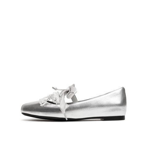 真美诗2025年春季新款甜美串珠蝴蝶结羊皮革芭蕾舞鞋女86668AQ5