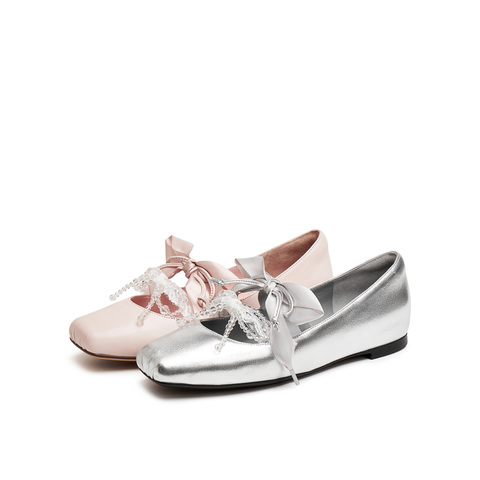 真美诗2025年春季新款甜美串珠蝴蝶结羊皮革芭蕾舞鞋女86668AQ5