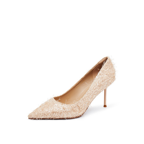 真美诗2025年秋季新款优雅流动羽毛尖头细高跟婚鞋38013CQ5