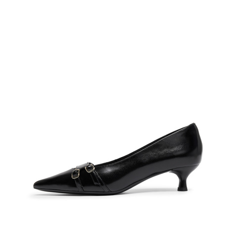 真美诗2025年秋季新款经典通勤尖头金属扣羊皮高跟鞋Y1R03CQ5