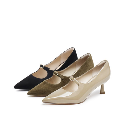 真美诗2025秋季新款金属饰扣法式经典尖头猫跟鞋女YUW53CQ5