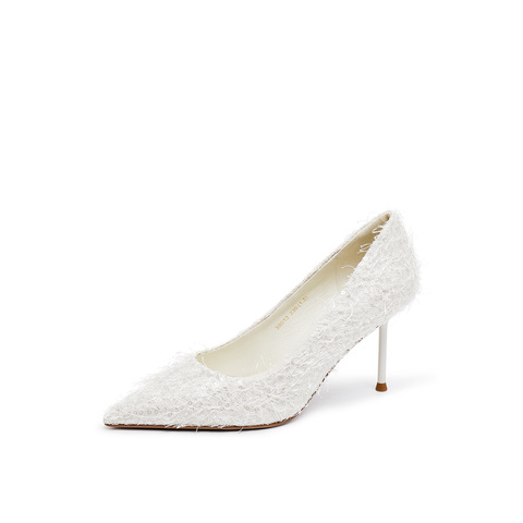 真美诗2025年秋季新款优雅流动羽毛尖头细高跟婚鞋38013CQ5