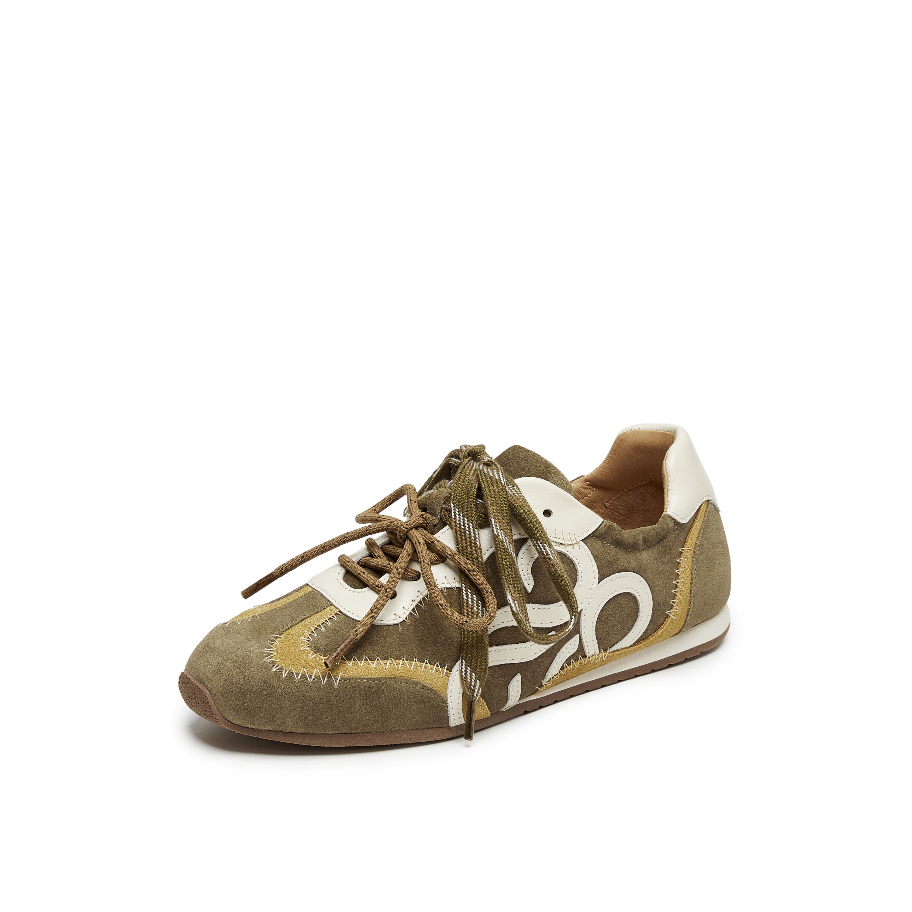 真美诗2025秋季新款复古牛绒撞色双鞋带明线薄底德训鞋YEC14CM5女