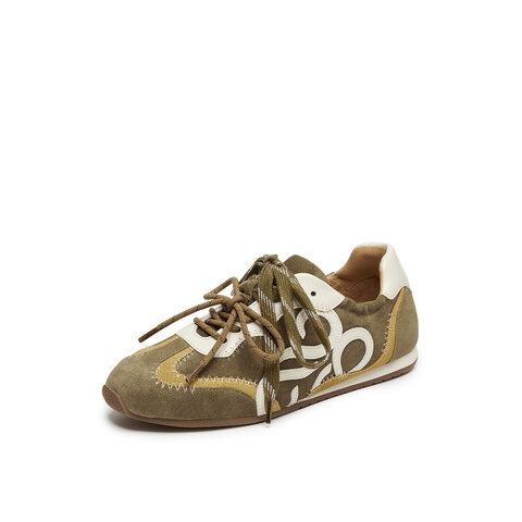 真美诗2025秋季新款复古牛绒撞色双鞋带明线薄底德训鞋YEC14CM5女