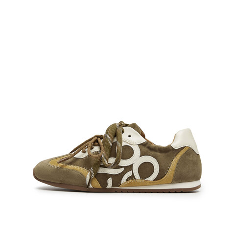 真美诗2025秋季新款复古牛绒撞色双鞋带明线薄底德训鞋YEC14CM5女