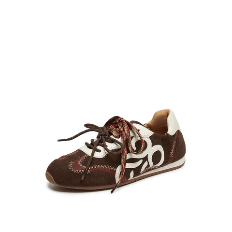 真美诗2025秋季新款复古牛绒撞色双鞋带明线薄底德训鞋YEC14CM5女