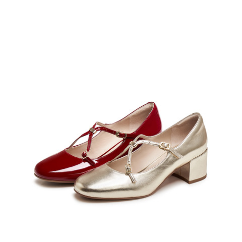真美诗2025年秋季新款法式双细带漆皮羊皮革玛丽珍女鞋Y1T01CQ5