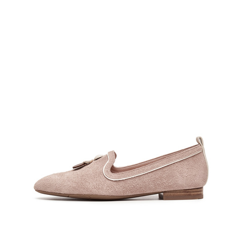 真美诗2025秋季新款细腻牛绒复古方圆头木质纹低跟单鞋YOK78CA5