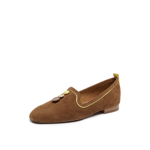 真美诗2025秋季新款细腻牛绒复古方圆头木质纹低跟单鞋YOK78CA5女