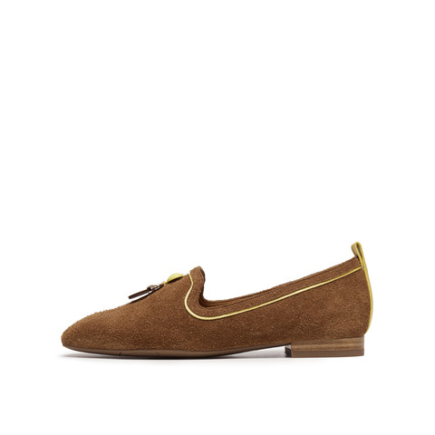 真美诗2025秋季新款细腻牛绒复古方圆头木质纹低跟单鞋YOK78CA5女