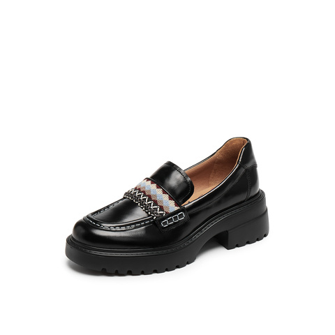 真美诗2025年秋季新款费尔岛风彩色织带厚底牛皮乐福鞋Y1O04CA5