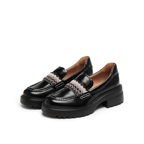 真美诗2025年秋季新款费尔岛风彩色织带厚底牛皮乐福鞋Y1O04CA5