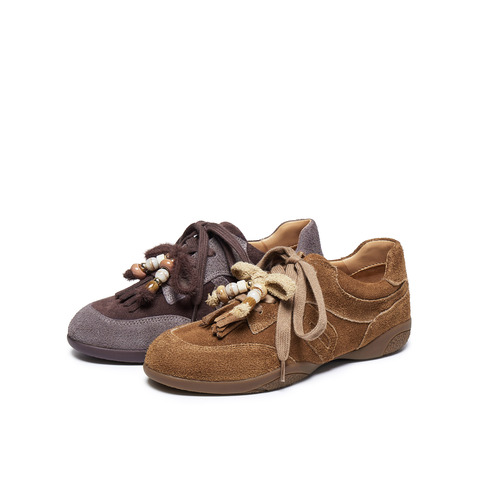 真美诗2025年秋季新款复古流苏串珠薄底牛绒运动鞋女YEC13CM5