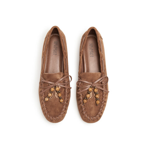 真美诗2025年秋季新款手工感穿绳木质串珠羊绒皮乐福鞋女22181CA5