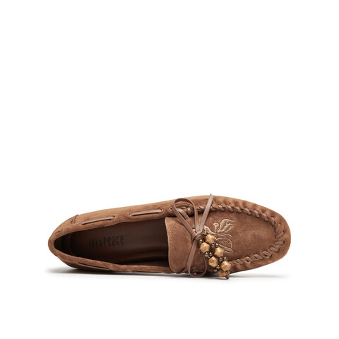 真美诗2025年秋季新款手工感穿绳木质串珠羊绒皮乐福鞋女22181CA5